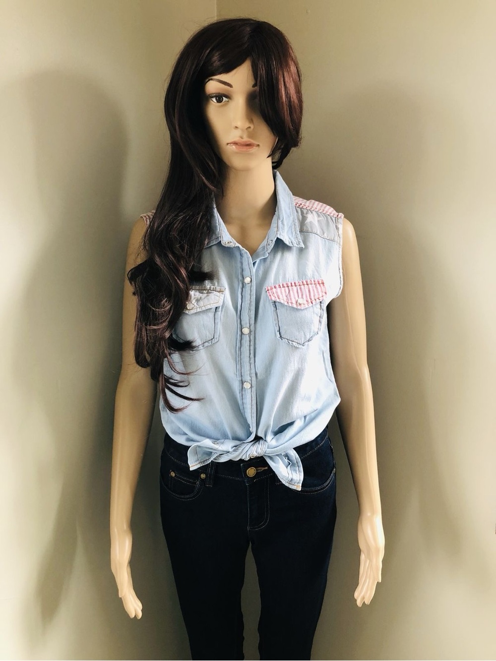 Light Wash Denim Sleeveless Shirt with Red Striped Trim